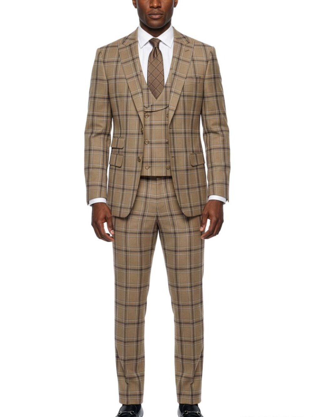 Tan Plaid Peak Lapel 3 Piece Stacy Adams Men's Suit